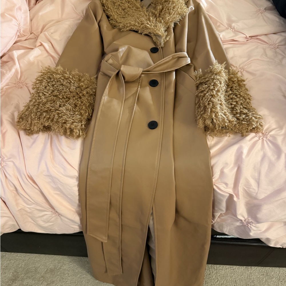 Fashion Nova Tan Faux-Leather Trench Coat with Faux-Shearling Trim